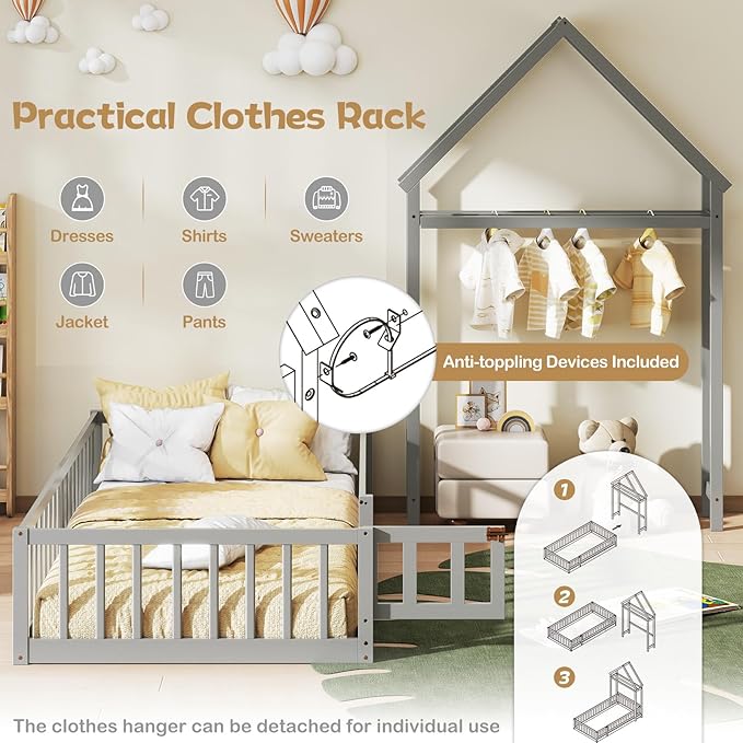 KOMFOTT Twin Size Floor Bed with House-Shaped Headboard, Kids Montessori Floor Bed with Detachable Clothes Hanger, Full Length Safety Guardrails, Door & Latch, Solid Wood Floor Bed Frame