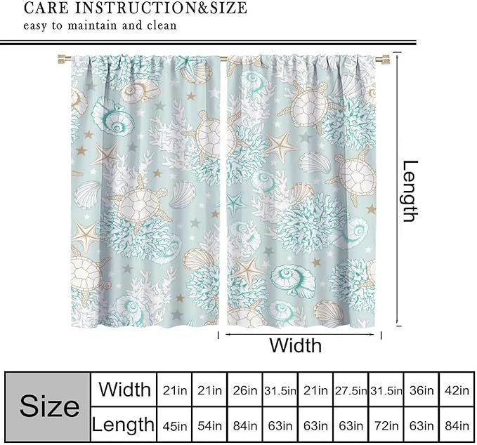 Nautical Curtains,Seagorses Coral Starfish Reef Seashell Beach Sea Seashell Pattern Blackout Print Home Bedroom Living Room Window Treatmen 2 Panel Set 63x63 Inch