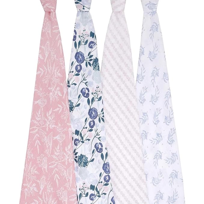 aden + anais Essentials Muslin Swaddle Blankets for Baby Girls and Boys, Newborn Receiving Blanket for Swaddling, 100% Cotton Baby Swaddle Wrap, 4 Pack, Flower's Bloom