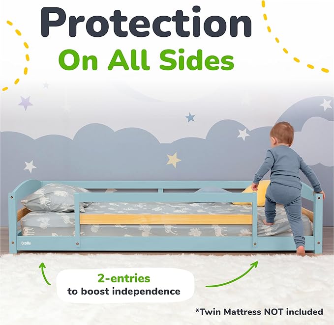 Ocodile Twin Floor Bed with Safety Guardrails for Kids, Montessori Inspired with Rails and 2 Openings, Twin Size Bed Frame for Girls and Boys - Blue