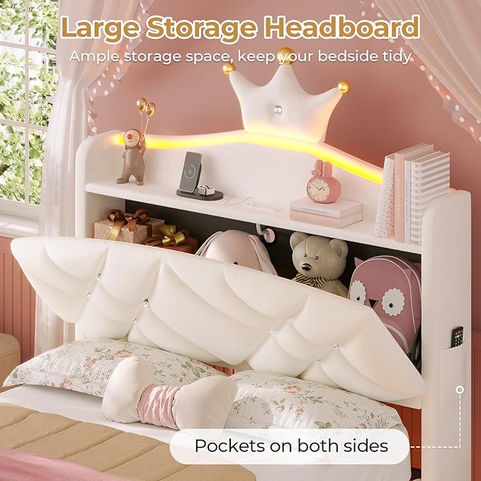 MSmask Twin LED Bed Frame with Storage Headboard & Drawer, Princess Upholstered Bed with Charging Station & Crystal Button & Crown, Velvet Platform Bed for Girls, Solid Wood Slats, Curved Legs, White