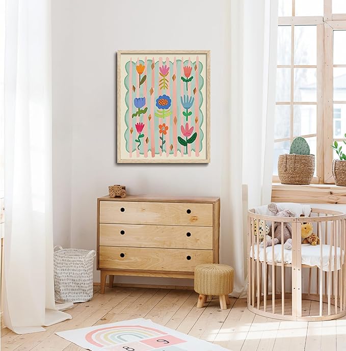 KISSFOX Framed Wall Art Nursery Wall Decor Cute Floral Pictures Kids Colorful Flower Canvas Art Boho Whimsical Paintings Artwork For Children Boys Girls Room