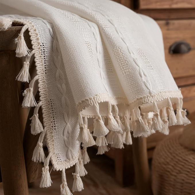 Deeprove Cream White Boho Curtain 84 inches Length for Living Room Bedroom Nursery Doorway, Cream Bohemian 84 inches Long, Chic Stripe Embroidery Privacy Window Fringe Decor W52 x L84, 1 Panel