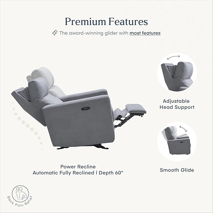 Nurture& The Glider Premium Power Recliner Nursery Glider Chair with Adjustable Head Support | Designed with a Thoughtful Combination of Function and Comfort | Built-in USB Charger (Gray)