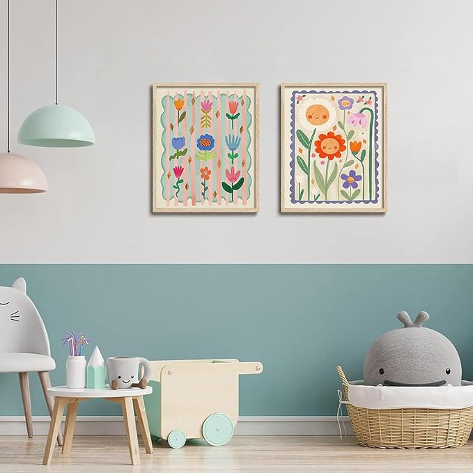 KISSFOX Framed Wall Art Nursery Wall Decor Cute Floral Pictures Kids Colorful Flower Canvas Art Boho Whimsical Paintings Artwork For Children Boys Girls Room