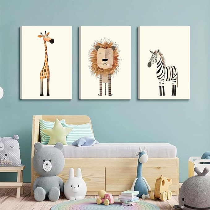 Safari Nursery Wall Art Baby Animal Canvas Wall Decor Cute Giraffe Lion Zebra Jungle Pictures Prints Posters for Baby Boy Girl Children's Room Bedroom Home Decorations 16x24inx3 Framed
