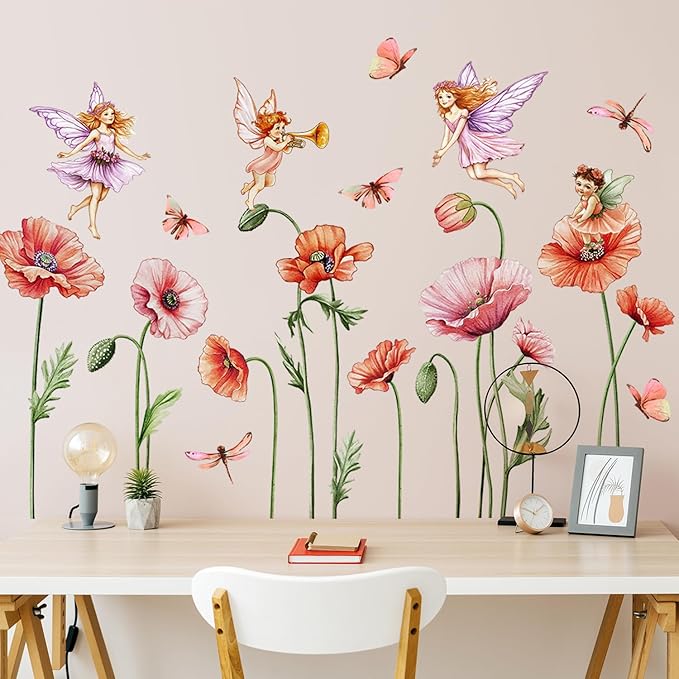 Removable Large Pink Red Poppy Flowers Wall Stickers with Fairy Angels - DIY Floral Butterfly Wall Decals, Peel and Stick Princess Decor for Girls Bedroom, Nursery, Living Room Home BM4130