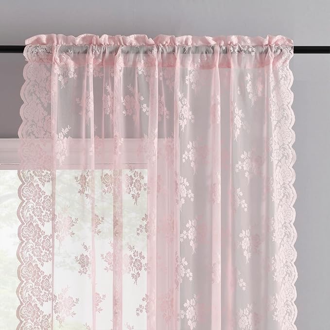 Kotile Pink Lace Curtains 63 Inch Length - Rustic Floral Patterned Pink Nursery Sheer Curtains, Rod Pocket Privacy Scalloped Lace Curtain for Girls Bedroom, 52 x 63 Inch, 2 Panels Set