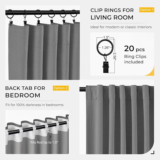 INOVADAY 100% Blackout Curtains for Bedroom, Black Out Curtains 96 Inch Long, Clip Rings Linen Blackout Drapes, Thermal Insulated Room Darkening for Living Room, 2 Panels - Stoic Gray,W50xL96