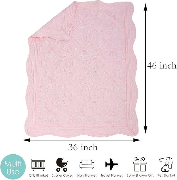 MONOBLANKS Baby Quilt Personlized Monogram Lightweight Embossed Scalloped Throw Blanket Four Seasons (Pink)