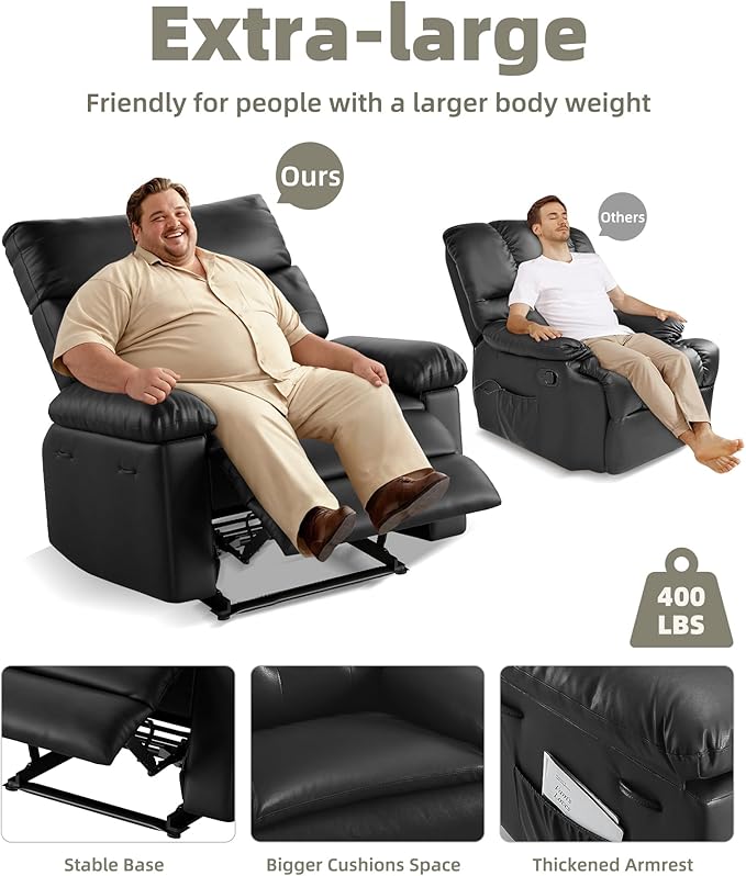 GarveeHome Oversized Wide Recliner Chair - Heat and Massage, PU Leather Extra Wide Manual Recliner for Adults, Large Lazy Chair with 1.5X Sponge Comfort Arm and Back for Living Room, Bedroom