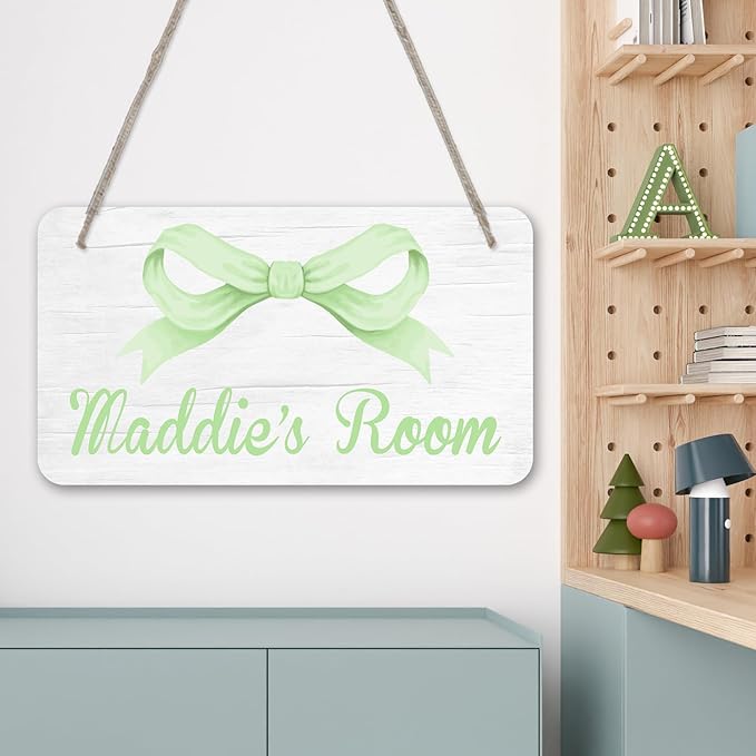 Personalized Green Bow Kids Room Door Sign Custom Name Girls Boys Bedroom Decor Toddler Baby Nursery Wood Art Wall Plaque 12x6 Inches