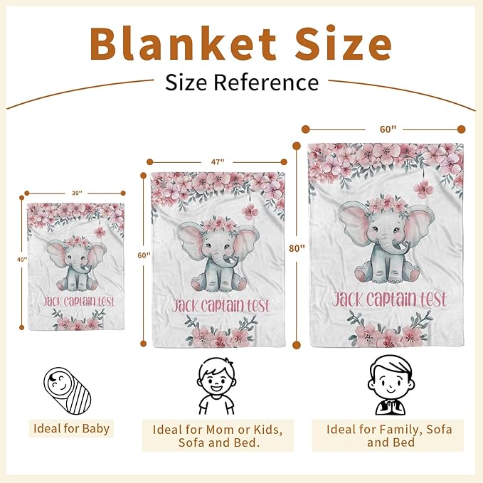 Personalized Baby Blankets for Girls Boys, Custom Elephant Baby Blanket with Name for Kids, Flannel Bed Throw Blanket for Newborn, Customized Baby Gifts for Baby Shower Nursery Blanket(60"x80)