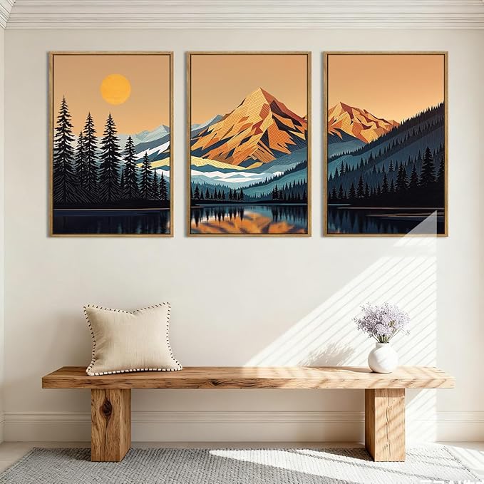 IARTTOP Large Mountain Framed Canvas Wall Art 16x24 Inch Abstract Mountain Landscape Wall Decor Set of 3 Modern Nature Scenery Art Prints for Living Room Bedroom Office