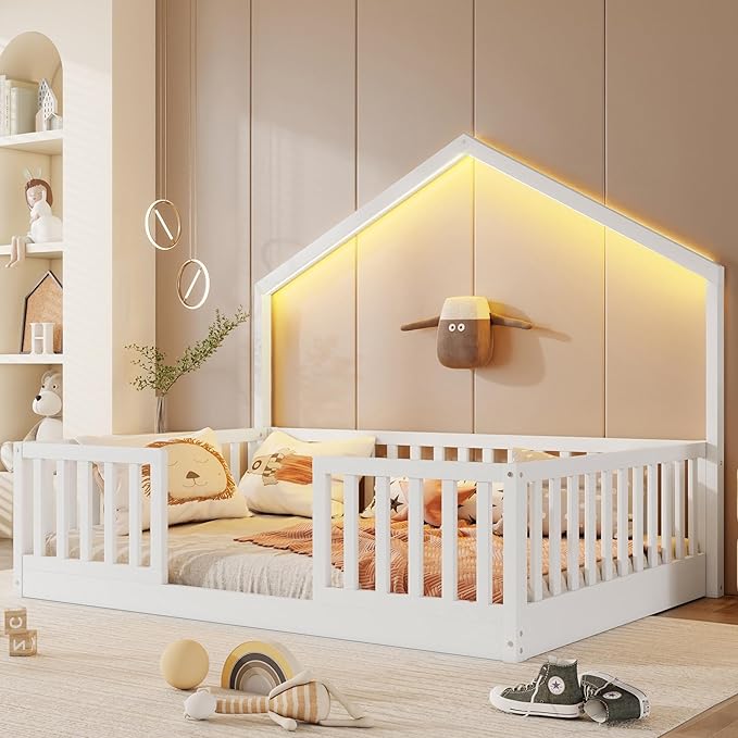 Full Size House Bed for Kids, Low Profile Full Montessori Bed with High Railings, Wood House Shape Montessori Beds with Light & Roof for Kids, White