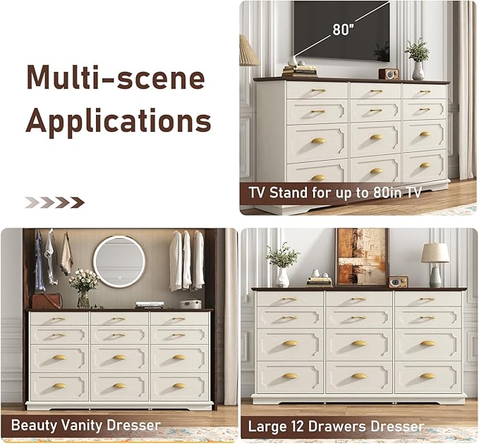 70inch Large Long Dresser w/Charging Station,12 Drawer Dresser w/Deep Big Drawers,Wooden Chest of Drawers w/Power Outlet,White Dressers for Bedroom,Living Room,Entryway,Antique White