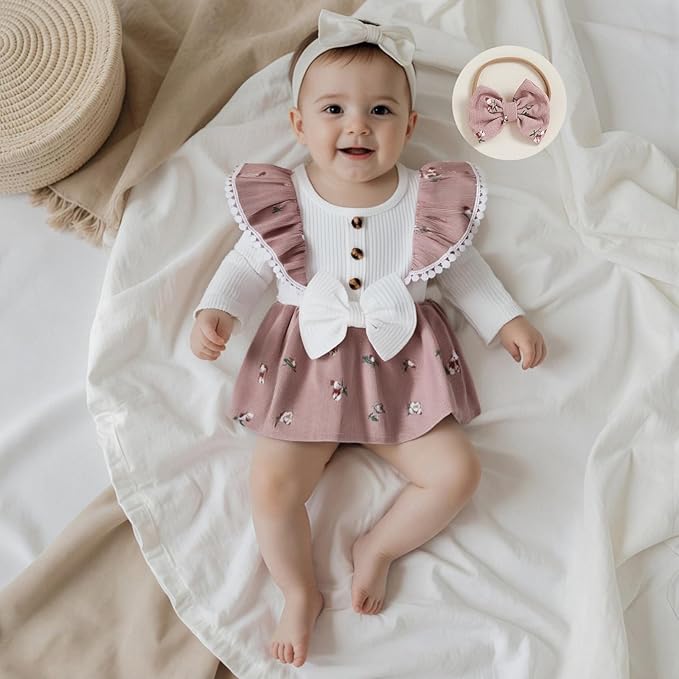Giraropa Baby Girl Fall Winter Clothes Long Sleeve Romper Dress + Socks + Headband Newborn Infant Cute Casual Outfits
