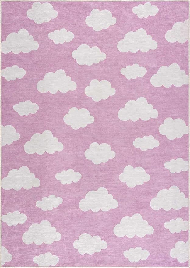 Hauteloom Nizar Girls Room, Nursery Machine Washable Area Rug - Clouds - Pink, Cream - 7'10" x 10'2"