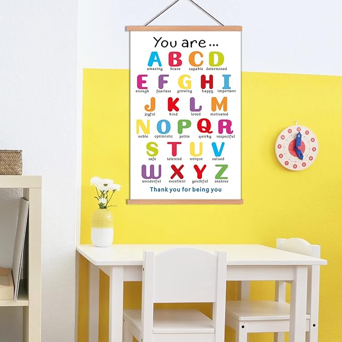KAIRNE Colorful ABC Alphabet Art Print With Wood Magnetic Hanger Frame(15.7X25INCH)You Are Amazing Positive Educational ABC Chart for Toddler Affirmation Posters Wall Art For Classroom Playroom Decor