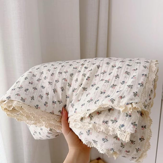 BuLuTu Pink Bellflower Print Muslin Cotton Quilted Blanket for Girls Boys Lightweight Soft Crib Blankets Toddler Comforter for Toddlers Kids Children, All Seasons, 47x59 Inches