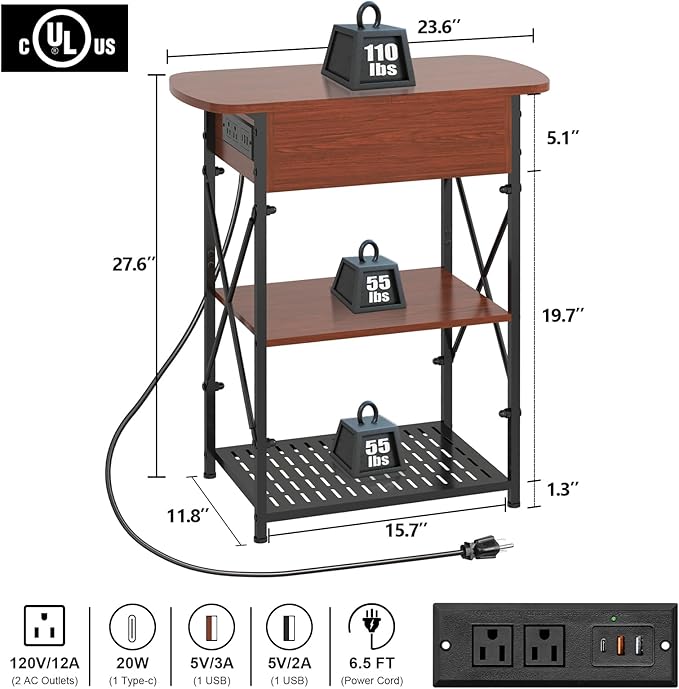 Livofloral Narrow Side Table with Charging Station, End Tables Set of 2 for Small Spaces, Flip Top End Table with Storage, Side Tables Set 2 Living Room, Nightstand with Drawer for Bedroom, Cherry