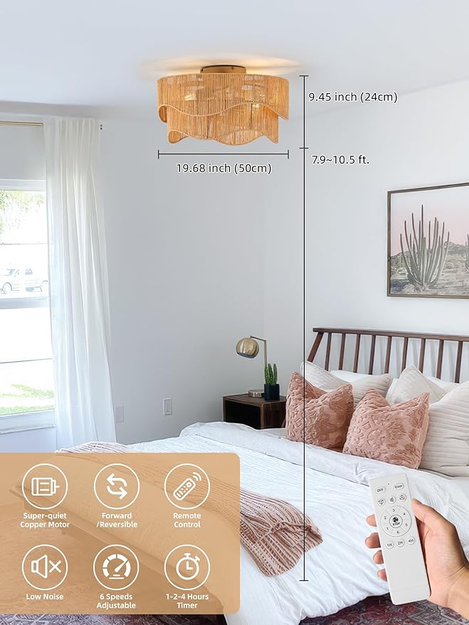Flush Mount Ceiling Fan with Lights, 20" Low Profile Boho Ceiling Fan with Light Remote Control, Caged Rattan with 6 Speeds for Bedroom, Nursery, Living Room