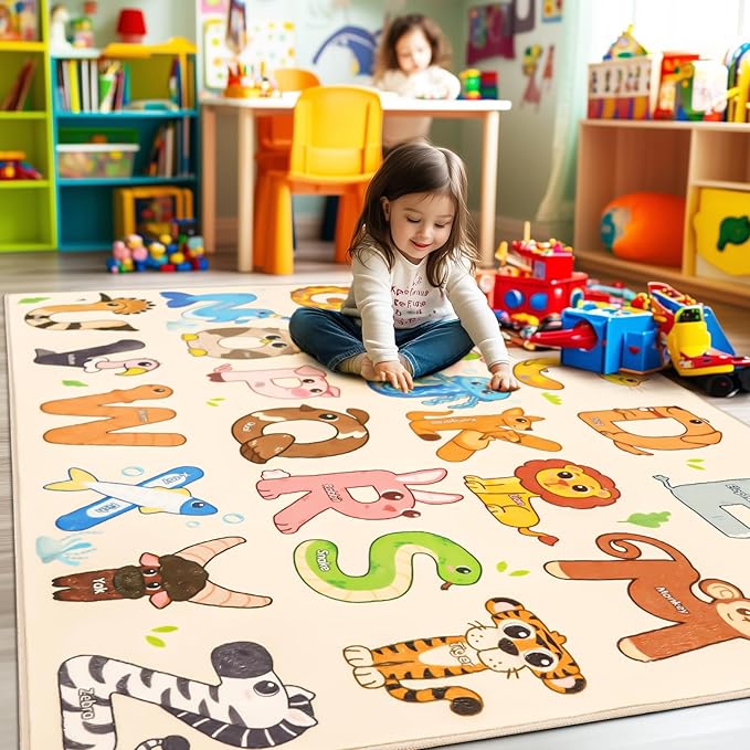 Kids Rugs for Playroom, 7x9 Feet Educational Rug for Learn The ABC Alphabet, Soft Machine Washable Non-Slip Cute Animal Carpet for Classroom Toddler Nursery Kids Room Decor Mat, Beige