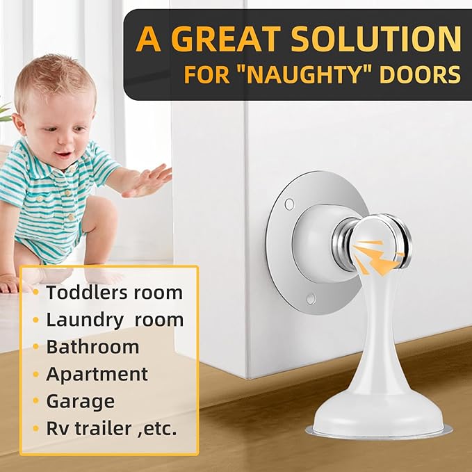 4 Pack Magnetic Door Stop No Drilling Door Stop with 3D Adhesive Tapes Keep Door Open Door Stainless Steel Screws for Stronger Mount (White)