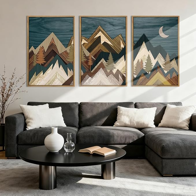 BINCUE Framed Mountain Wall Art Landscape Wall Decor Moon and Nature Artwork for Bedroom Living Room Office 16x24 Inches Set of 3