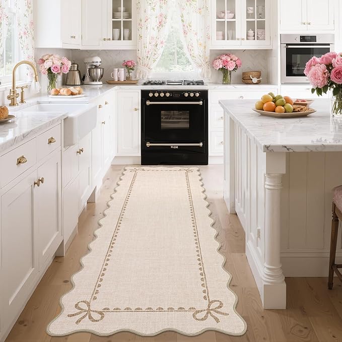 GarveeHome Scalloped Bow Rug for Living Room, Solid Beige Rug for Dorm, Washable Runner Rug 2.5x8 Soft Low Pile Non Slip Scalloped Rugs for Nursery Bedroom Decor Hallway Entryway Playroom