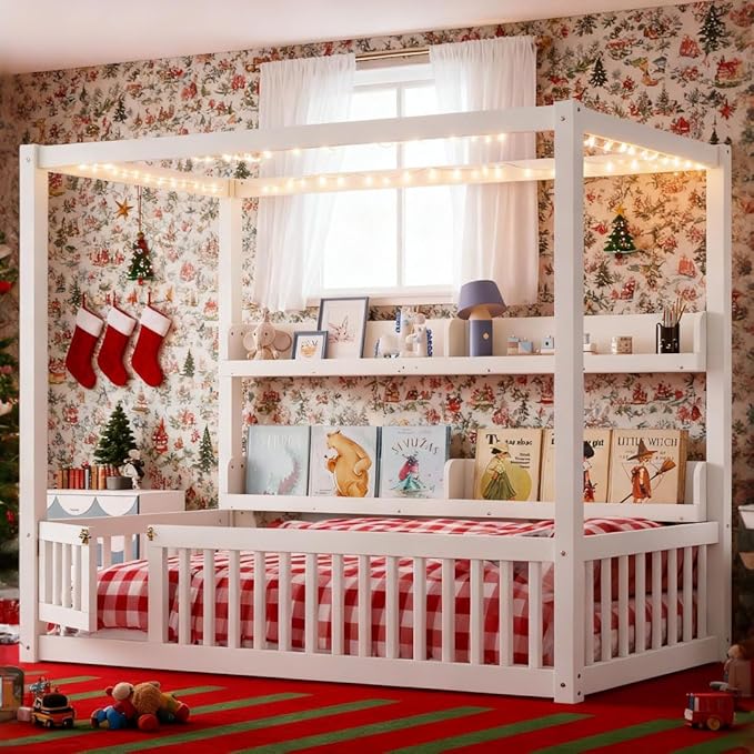 Bellemave Twin Canopy Bed with Rails and Slats,Wooden Floor Bed with Bookcase and 4 Poster Design,Montessori Floor Bed Frame,No Spring Box Needed（Twin,White）