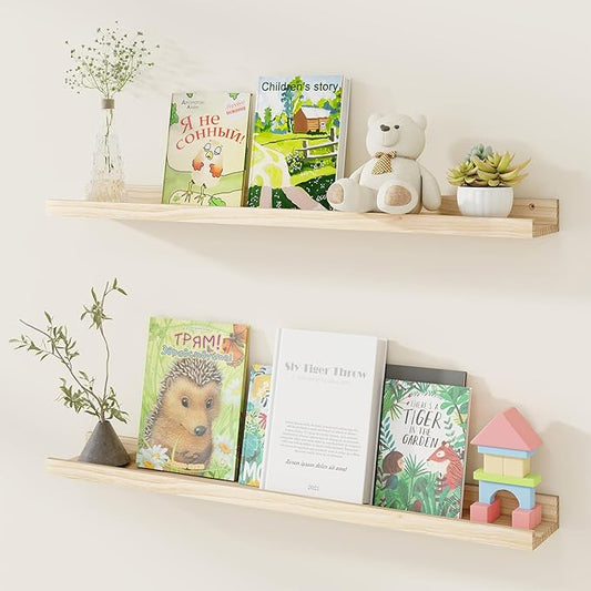 Fun Memories Picture Ledge Shelf, Pine Wood Floating Shelves Set of 2, 36 inch Nursery Book Shelves, Photo Ledge Book Shelves Wall Mounted for Living Room Kids' Room Bedroom - Natural