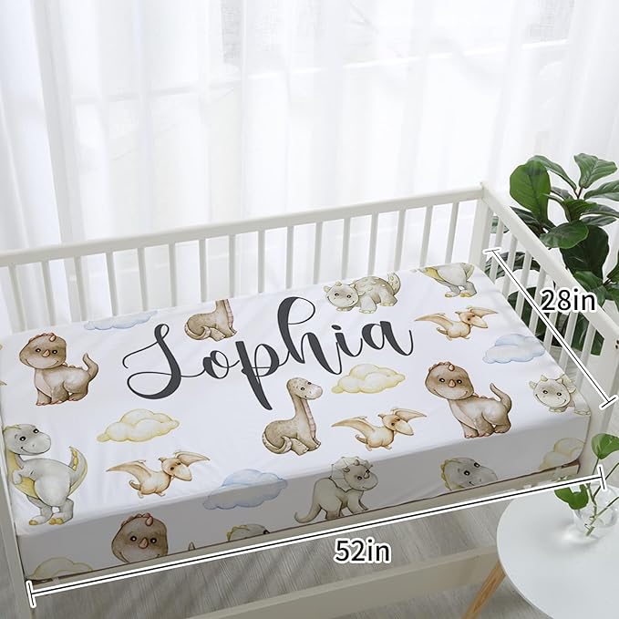 Custom Baby Crib Bedding Set,Personalized Name 4 Piece Nursery Bed Set with Dinosaur Design,Baby Blanket Fitted Sheet Nursery Rug Wall Art Set,Custom Room Decor Idea Gift for Newborns Boys Girls