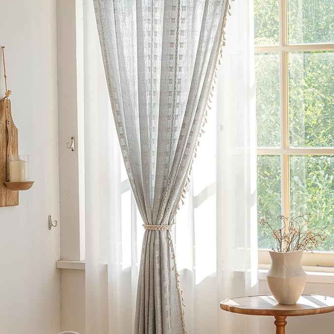 Deeprove Silver Grey Boho Curtain 84 inches Length for Living Room Bedroom Nursery Doorway, Cream Bohemian 84 inches Long, Stripe Embroidery Privacy Window Fringe Christmas Decor W52 x L84, 1 Panel