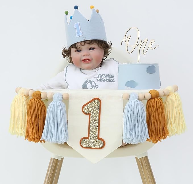 Baby 1st Birthday Party Decorations For Handmade Blue Tassel Garland Highchair Banner With Cake Topper Crown Hat