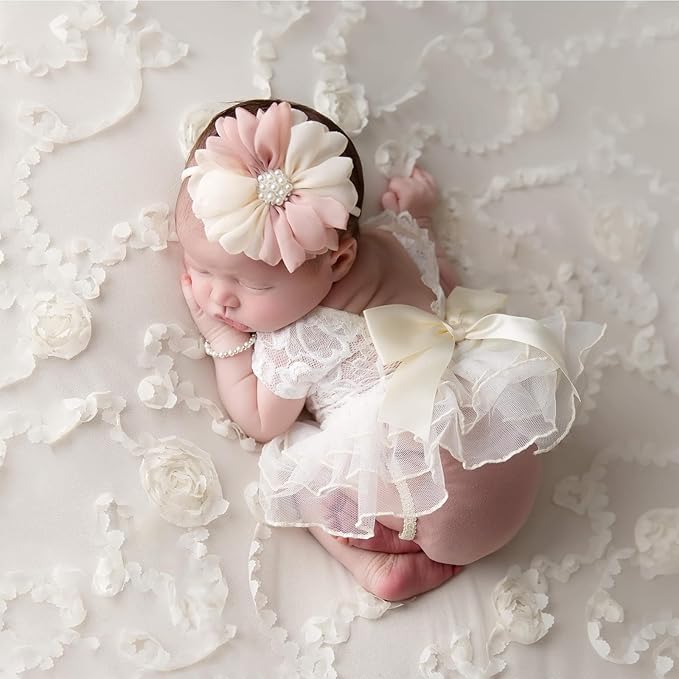 Newborn Girl Photography Outfits, Backless Lace Romper with Flower Headband Photo Props, Baby Girl Photoshoot Outfits