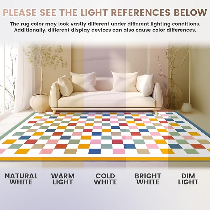 Washable 5x7 Checkered Area Rug for Living Room, Colorful Rainbow Checkerboard Modern Large Rugs, Faux Wool Low Pile Lightweight Indoor Carpet with Non-Slip Backing for Bedroom Kids Nursery Play Room