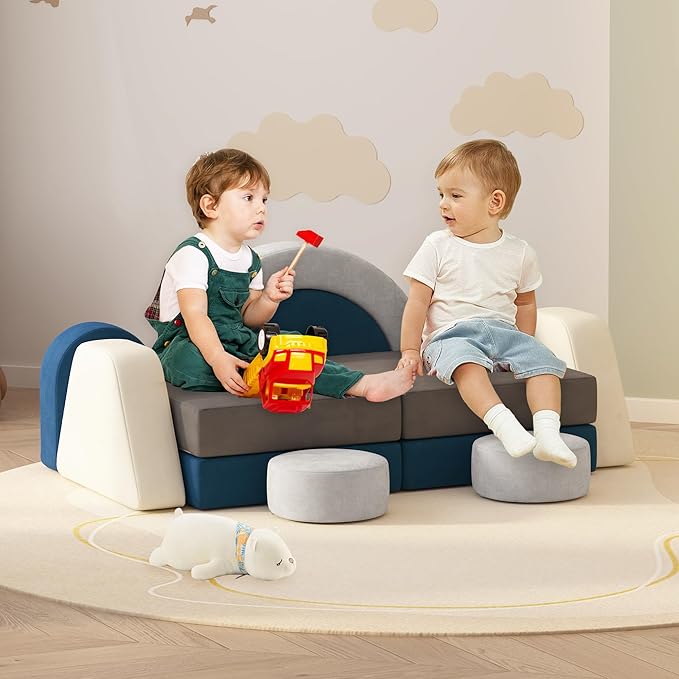 12 PCS Modular Kids Play Block Couch Child Sectional Soft Sofa Toddler Building Fortplay Climbing Bedroom Playroom Baby Convertible Floor Foam Cushion for Boys & Girls (Grey+Beige+Blue)