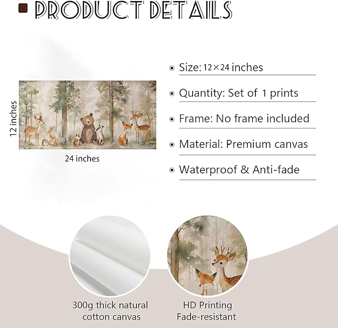 Woodland Animal Nursery Canvas Wall Art Wild Animals Forest Paintings Pictures Wall Decor Fox Bear Deer Watercolor Poster Print Artwork for Boys Room Girls Room Home Decoration （Unframed）