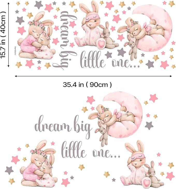 Pink Bunny Nursery Wall Decals-Baby Girl Room Rabbit Wall Decor, Animal Stickers for Kids Playroom, Toddler Bedroom and Nursery Decoration, Removable Vinyl Decals, Peel and Stick Easy to Apply.
