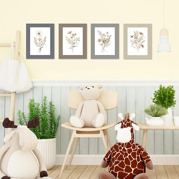 JINYO Vintage Boho Neutral Wildflower Wall Art Prints Set of 4, Floral Wall Decor, Cottagecore Botanical Floral Wall Decor Posters Pictures for Home Bedroom Living Room, 8x10 Unframed