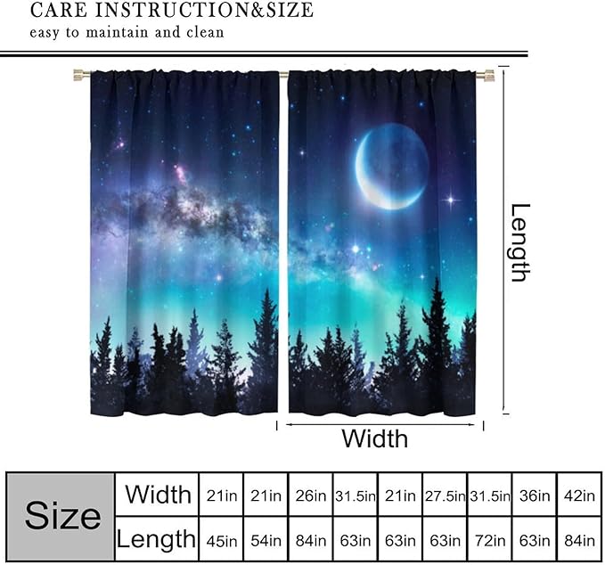 Galaxy Forest Blackout Curtains, Night Starry Sky Stars Moon Aurora Borealis Window Drapes for Bedroom Living Room Home 84" W X 84" L