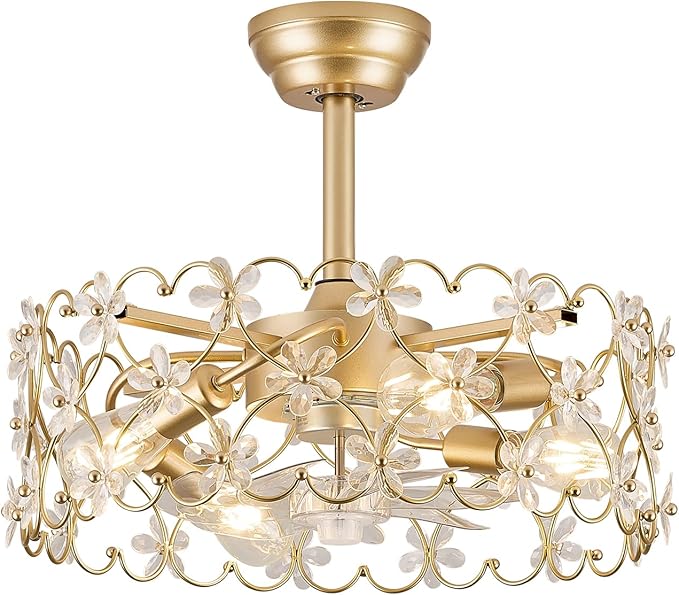 20" Gold Caged Ceiling Fan with Light and Remote Control Flower Crystal Chandelier Ceiling Fan Boho Fandelier for Girl's Bedroom，Nursery，Living Room（Enclosed 6 Speeds Height Adjustment）