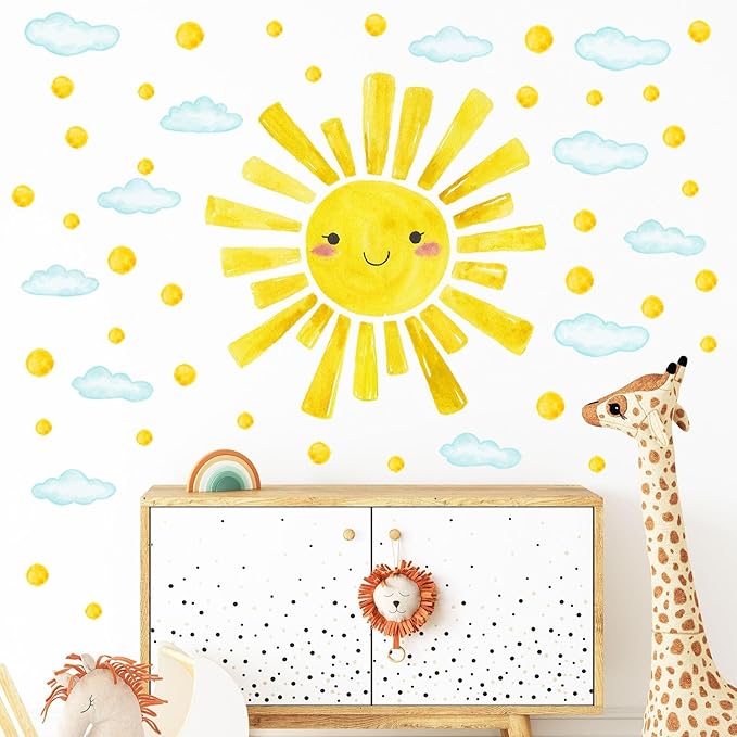 Watercolor Large Sun Wall Decals Cloud Polka Dots Wall Stickers for Kids Room, 12 Sheets Lovely Smile Sun Wall Decor Stickers Peel and Stick Wall Decorations Stickers for Bedroom Nursery
