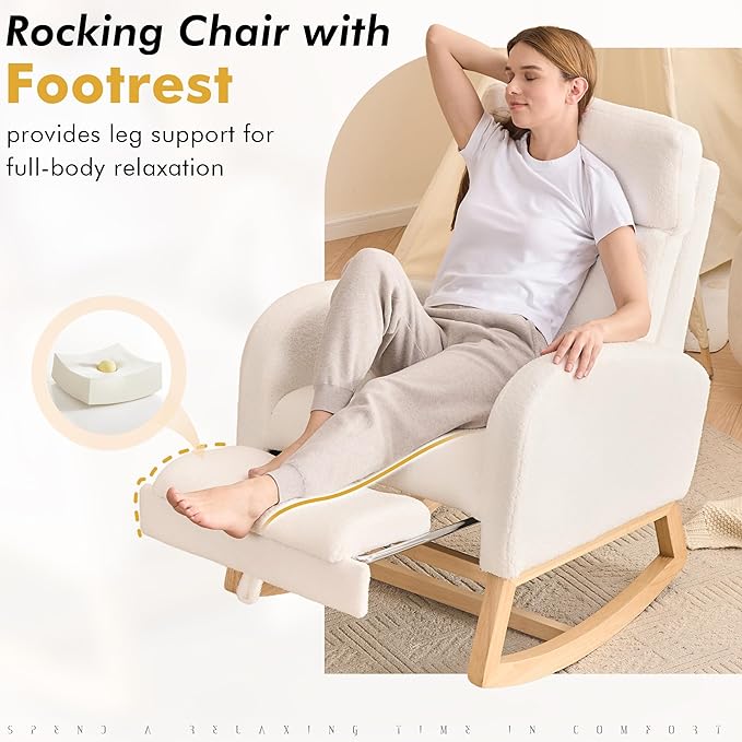 FOXHUNTER Rocking Chair for Nursery with High Backrest & Foot Rest-Nursery Rocking Chairs with Side Storage Pocket for Breastfeeding,Modern Glider Chair for Baby Bedroom,Living Room,Teddy White