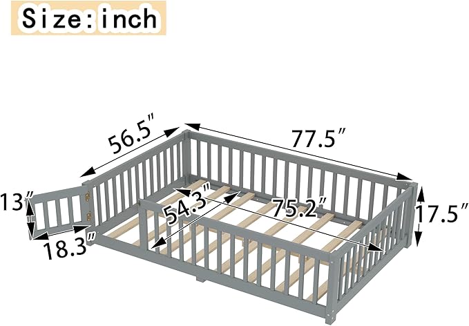 Bellemave Full Size Floor Bed with Slats and Safety Guardrail, Full Size Montessori Floor Bed with Fence and Door, Easy Assemble Montessori Beds for Kids, Girls, Boys, Gray