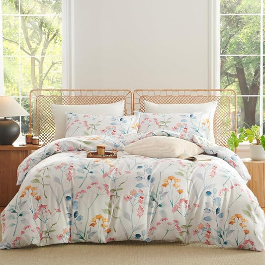 Floral Duvet Cover Queen 3 Pieces Watercolor Flower Pattern Bedding Set for Girls Colorful Flower Aesthetic Bedding Soft Microfiber Farmhosue Comforter Cover with 2 Pillowcases