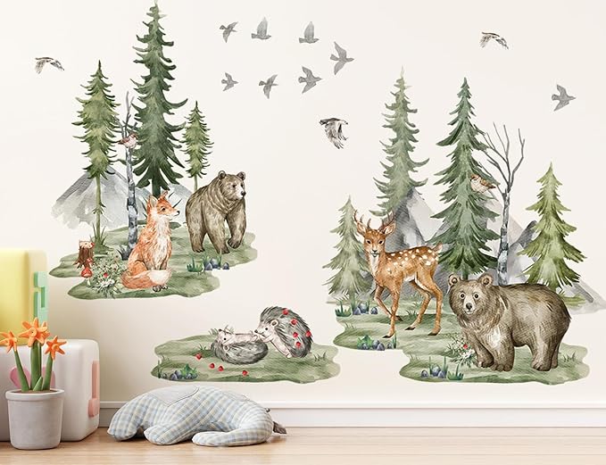 Large Jungle Animals Wall Decals Forest Tree Wall Decal Peel and Stick Woodland Bear Fox Deer Wall Stickers Giant Mountain Art for Bedroom Nursery Room BM6052-ZL
