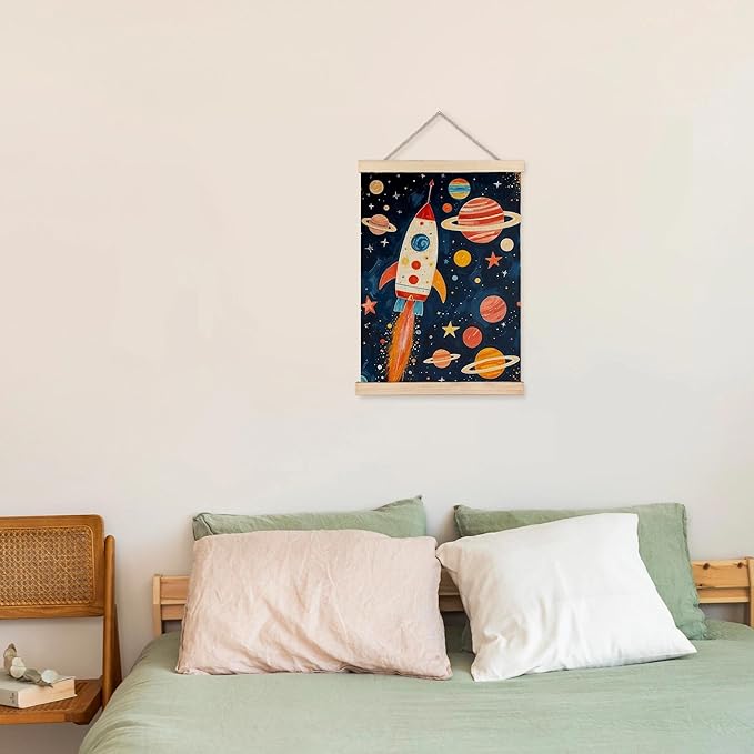 URLLUAE Rocket Ship Space Wall Art for Kids Room, Colorful Outer Space Planet Poster for Boys Bedroom Classroom Nursery Playroom Wall Decor, 12x16 Inch