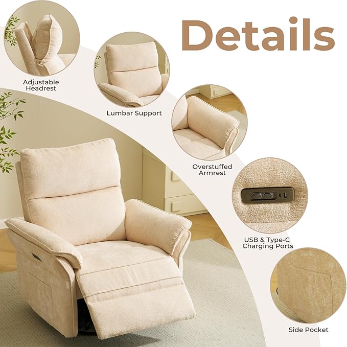 Oversized Power Recliner Chair Swivel Glider with Massage and Heat, Rocker Nursery Recliner for Adults with Adjustable Headrest, 26" Extra Wide Nursery Chair with Overstuffed Armrest,Beige